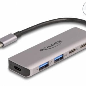HUB USB 3.2 type C la 2 x USB type C + 2 x USB-A cu alimentare, Delock 64239