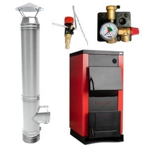 Pachet centrala pe lemne 35 kW Termax cu ardere normala, volum manta apa 105 litri, regulator de tiraj, grup de siguranta + Cos de fum din inox cu dublu perete, inaltime 4 metri, diametru interior 200 mm pentru centrale pe lemn, carbune si peleti