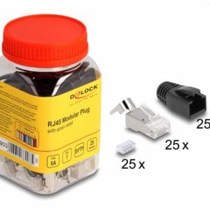 Set 25 buc conector de retea RJ45 SFTP pentru fir solid Cat.6A/Cat.7 + manson negru, Delock 66903
