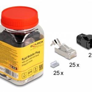 Set 25 buc conector RJ45 SFTP Cat.8.1 pentru fir solid + 25 mansoane Negre, Delock 67017