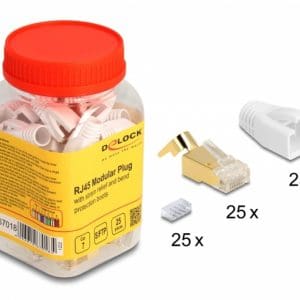 Set 25 buc conector SFTP RJ45 Cat.7 pentru fir solid + 25 mansoane Albe, Delock 67018