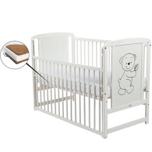 Patut din Lemn BabyNeeds Timmi 120×60 cm cu Laterala Culisanta Alb + Saltea 10 cm