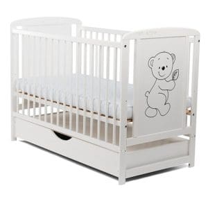 Patut din Lemn BabyNeeds Timmi 120×60 cm cu Sertar Alb
