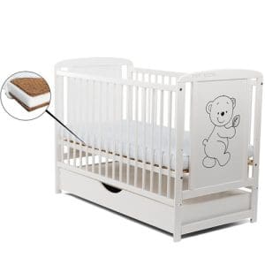 Patut din Lemn BabyNeeds Timmi 120×60 cm cu Sertar Alb + Saltea 8 cm