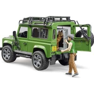 Masina de Teren Bruder Land Rover Defender cu Figurina Padurar, Caine si Cusca de Transport