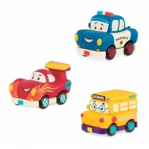 Set 3 Mini Masinute – Curse, Politie si Autobuz de Scoala B.Toys