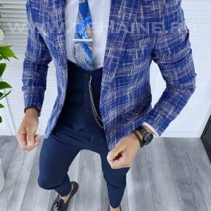 Sacou barbati in carouri slim fit albastru B5311 78-4 E