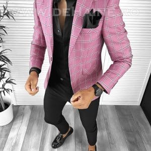 Sacou barbati slim fit roz in carouri B8318 70-4