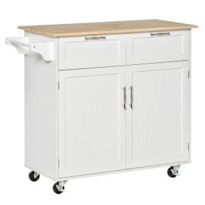 HOMCOM Carucior de Bucatarie Multifunctional cu 2 Sertare, Dulap si 4 Roti, 104x46x91cm – Alb
