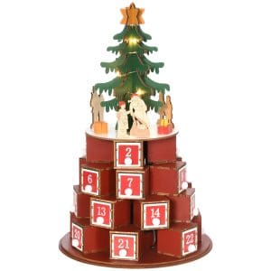 Calendar Advent de Craciun din lemn, cu lumini LED, pentru copii si adulti, rosu si verde HOMCOM | Aosom RO