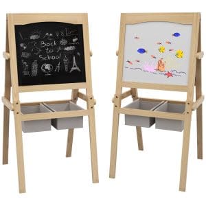AIYAPLAY Sevalet pentru Copii cu Rola de Hartie, Tabla Alba si Tabla pentru Scris cu Creta cu Doua Fete, 3 in 1 pentru Copii de 3-6 ani, Lemn Natur
