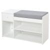 Banca pantofar cu perna, sertar si 3 compartimente deschise, mobilier din lemn pentru hol 81×31.5x49cm, alb