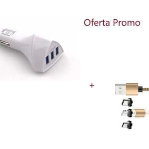 Adaptor Bricheta Auto cu 3 Porturi USB, 4,2A, Alb si Cablu Incarcare Magnetic 3in1 Auriu