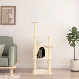 Ansamblu de pisici cu stâlpi din funie de sisal, crem, 132 cm