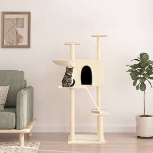 Ansamblu de pisici cu stâlpi din funie de sisal, crem, 143 cm