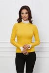 Bluza Teodora galbena din tricot reaiat cu guler si mansete tip volanas