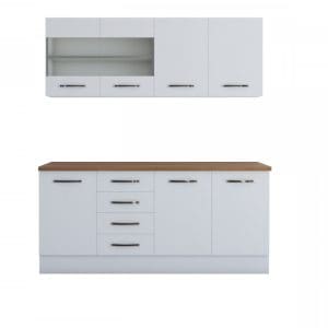Bucatarie Alfa 180, cu vitrina, alb, blat termic nuc