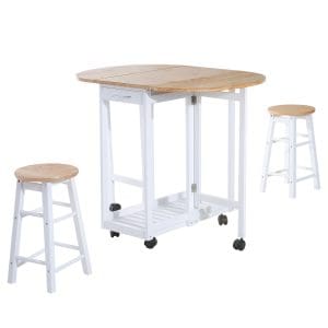 Set 3 Piese Masa Pliabila si 2 Scaune de Bar HOMCOM, Carucior de Bucatarie Economiseste Spatiu cu 6 roti – Alb si culoarea Lemnului | Aosom RO
