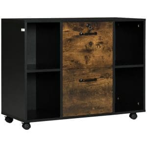 Dulap de Birou cu 2 Sertare pentru Dosare si Rafturi Deschise din PAL, Manere Otel, Roti cu Blocare, 80×37.5x63cm, Maro Rustic Vinsetto | Aosom RO