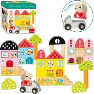 Cutie cu 38 de piese de construit și 2 figurine magnetice din lemn