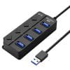 Hub USB cu 4 porturi Techstar® HUBA0701, 1 x USB 3.0, 3 x USB 2.0, indicator LED pentru putere, comutator independent, Negru