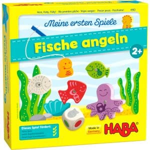 Joc magnetic de pescuit cu 7 piese din lemn, 4 șabloane din carton și un zar
