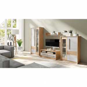 Living BIANCO Z.A, 4 corpuri, corp PAL artisan, fronturi MDF alb latte si artisan, 300x53x194 cm