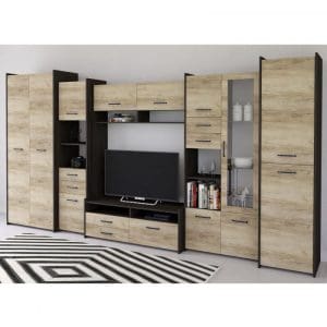 Living MOKKA II, 5 corpuri, corp PAL maro inchis, fronturi PAL stejar, 360x53x200 cm