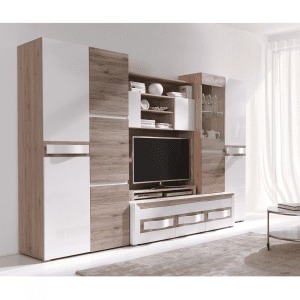 Living PASSIONATA Z.P., 6 corpuri, cu lumini LED, corp PAL stejar, fronturi stejar inchis + MDF alb lucios, 300x60x198 cm