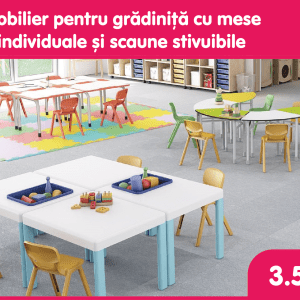 Mobilier pentru grădiniță cu mese individuale și scaune stivuibile