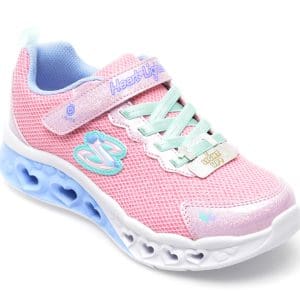 Pantofi SKECHERS roz, FLUTTER HEART LIGHTS, din material textil si piele ecologica