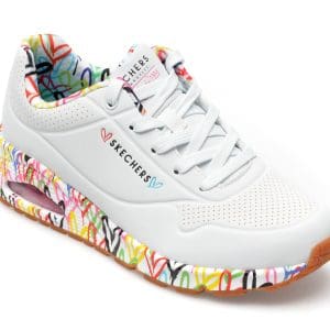 Pantofi sport SKECHERS albi, UNO, din piele ecologica