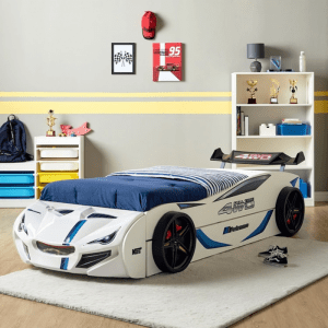 Pat pentru copii masina ECO DUBLU MVN1, alb, 90×190 cm
