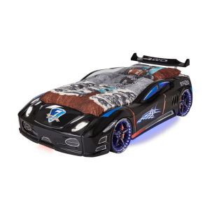 Pat pentru copii masina ENZO, cu leduri, sunet, telecomanda, negru, 90×190 cm