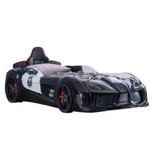 Pat pentru copii masina POLICE, cu sunet, telecomanda si lumini led, negru, 90×190 cm