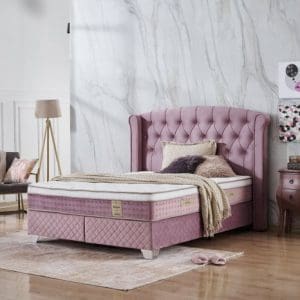 Pat tapitat ROMA, 180×200 cm, cu saltea inclusa si lada depozitare, roz