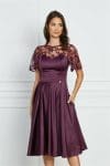 Rochie Dy Fashion mov din tafta cu maneci si decolteu din dantela