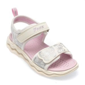 Sandale GEOX albe, J35FXA, din piele ecologica si material textil