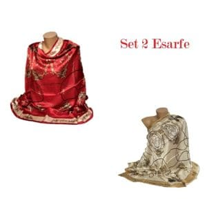 Set 2 Esarfe Dama tip Sal, Matase si Vascoza, Aspect Satinat, Dreptunghiulare, 189x92cm, Rosu si Crem