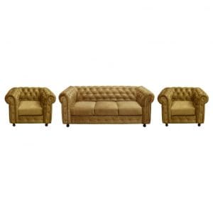 Set CHESTERFIELD 3-1-1, canapea extensibila 3 locuri si 2 fotolii fixe, galben
