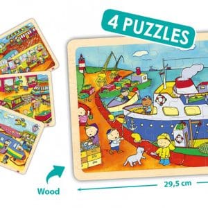 Set de 4 puzzle-uri din lemn – Mijloace de transport