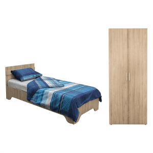 Set dulap ALMA 2 usi, 5 rafturi, sonoma, 80x52x203 cm si pat ALMA cu picioare, 90×200 cm, sonoma deschis