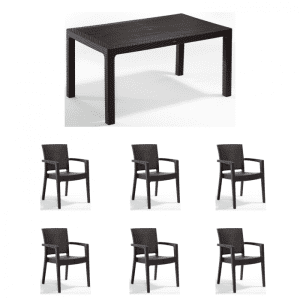 Set gradina cu masa CLASSI 90×150 + 6 scaune PARIS 62x58x88 cm, model ratan, maro