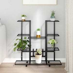 Suport pentru flori cu roți, 94,5×24,5×91,5 cm, negru, fier