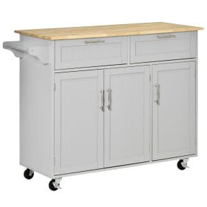 Carucior de Bucatarie Multifunctional HOMCOM cu 2 Sertare, 3 Usi si 4 Roti, din Lemn si MDF, 121x46x91cm, gri