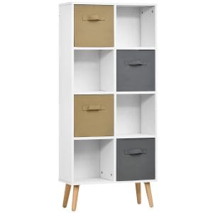 HOMCOM Dulap cu 4 sertare pliabile din material textil 4 casete deschise din lemn alb maro gri 54.5 x 24 x 122.5 cm