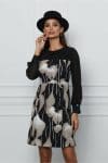 Rochie Dy Fashion neagra cu imprimeu bej si maneci din voal