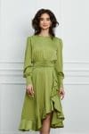 Rochie Dy Fashion olive din satin cu volan pe fusta
