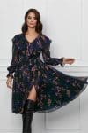 Rochie Dy Fashion verde din voal cu imprimeu roz si cordon in talie