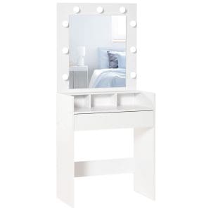 HOMCOM Masuta de Toaleta pentru Camera cu Oglinda 9 Lumini LED, Masa de Machiaj cu Sertar si Compartimente Deschise 70x40x160cm, Alb